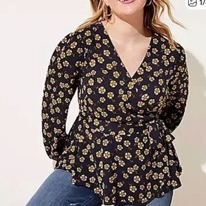 LOFT Floral Wrap Blouse - navy and Yellow